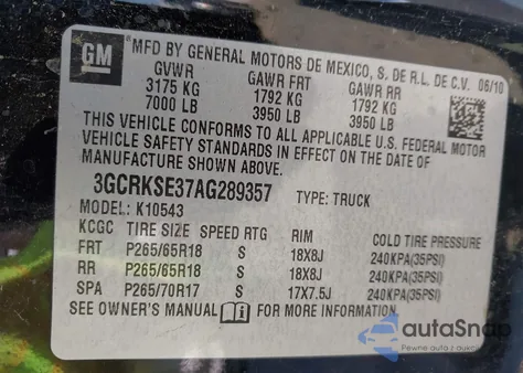 2010 Chevrolet Silverado 1500 Lt из США, поврежденный, VIN 3GCRKSE37AG289357